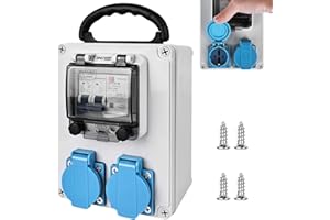Acboor Distribuidor de corriente para construcción, con interruptor FI, distribuidor de pared, 2 x 16 A, 250 V 2P, 2 enchufes Schuko, carcasa IP67/enchufe IP44, resistente al agua para construcción,