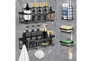 TOTMIZBY AMZJMT Etagere salle de bain,Etagere salle de bain sans percage,paquet de 5 Etagere de douche en acier inoxydable avec crochets et porte-dentifrice,adapté aux salles de bains,chambres cuisines,noir