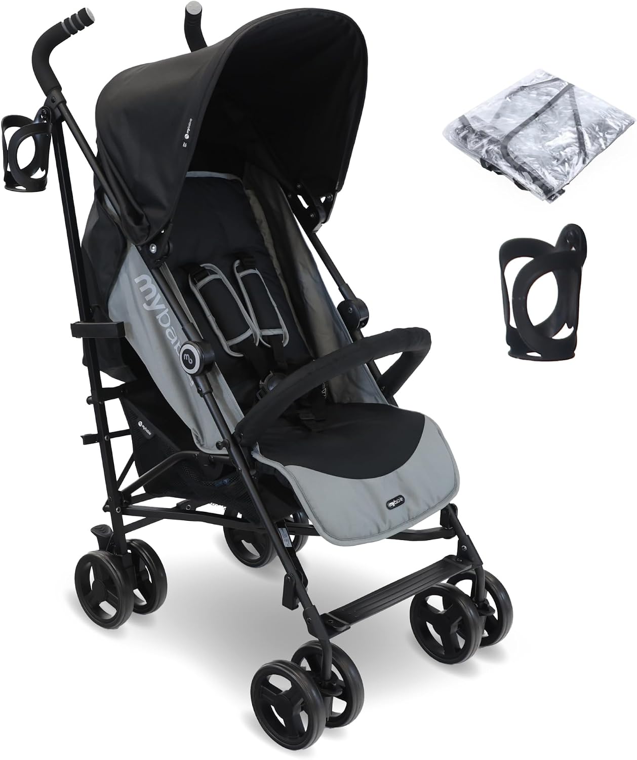 My Babiie MB02 Plus Stroller - from Birth to 4 Years (22kg), Lightweight & Compact Umbrella Fold, Travel Buggy for Toddlers, Pushchair Includes Cup Holder and Rain Cover - Black & Grey