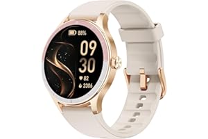 TOOBUR Reloj Inteligente Mujer Redondo, Smartwatch Deportivo, Reloj Contador de Pasos Calorias, Smart Watch Compatible Android&iOS, Responder/Hacer Llamadas, Reloj Mujer Salud, IP68 Waterproof, Beige
