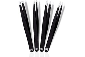 Wamza Tweezers for Facial Hair Women & Men - Pack of 4 -Slanted Eyebrow Tweezers Professional- Stainless Steel Precision Eyebrow Hair Pluckers/Tweezers for Women - for Chin & Fine Hair (Black 4)