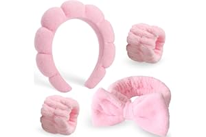 DRESHOW Diadema Spa para Lavarse la Cara Set de Muñequeras Esponja de Toalla de Rizo Suave Maquillaje Cuidado de la Piel Diadema Antideslizante para Mujeres Niñas 4 Pcs