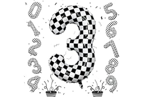 ISNDARE 3rd Birthday Number Balloons for Boys, 40 Inch Checkered Racing Foil 3 Balloons, Self Inflating Helium Black and White Big Number 3 Balloon for Kids Birthday Race Car Flag Party Decoration Supplies