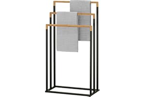 ICHIGO ICHIE Toallero de Pie de Bambú y Metal Triple, Soporte de Toallas Múltiple para Baño de Metal con 3 Brazos de Bambú para Colgar Toallas, Ideal para el Hogar y el Baño, 45x21.5x76cm