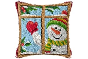 SxLingerie Weihnachten Knüpfkissen Knüpfset Zum Selber Knüpfen DIY Dekokissenbezug Bastelset mit bedrucktem Canvas Schneemann Muster Häkelkissen für Kinder Erwachsene 43x43cm,B