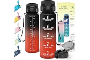 Baramumu Botella agua 1 litro, con Pajita, Botella agua Gimnasio, a Prueba de Fugas, Cantimplora, con Marcador de Tiempo, Cantimplora Gym, para Deporte, Ciclismo, Oficina, Yoga, Negro-Rojo