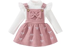 UUAISSO Vestiti per Bambine Maniche Lunghe Maglia a Coste Fiocco Velluto a Coste Gonna con Bretelle Abiti