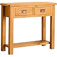 RoselandFurniture Lanner Oak Console Table with Storage | Large Traditional Rustic Waxed Solid Wood 2 Drawers Telephone Table for Hallway or Living Room