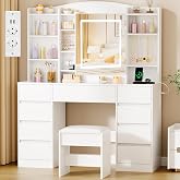 ANWBROAD Large Vanity with Dimmable LED Light and Sockets, Glass Lid | Makeup Vanity with Jewelry Storage, Makeup Table with