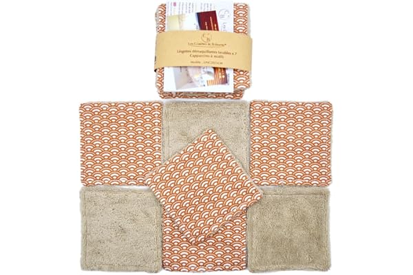 Lingettes démaquillantes lavables bambou, cotons réutilisables, pads, fait main, lot de 7 (Cappuccino à motifs)