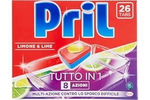 Pril Tutto in 1 Limone & Lime Detersivo Tabs, Pastiglie per lavastoviglie attive già a temperature di 40°, Detersivo lavastoviglie a 8 azioni, 1 x 26 tabs