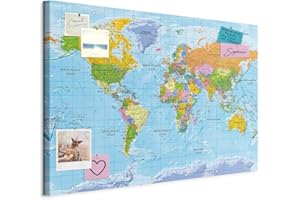 murando - Tableau à Épingles et Peinture sur Toile Combinés 120x80 cm - Avec Crochets Clous et Punaises Argentées - Panneau en Fibres pour Notes et Affichage - Carte du monde k-A-0094-v-a