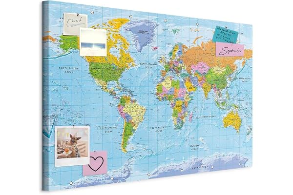 murando - Tableau à Épingles et Peinture sur Toile Combinés 90x60 cm - Avec Crochets Clous et Punaises Argentées - Panneau en Fibres pour Notes et Affichage - Carte du monde k-A-0094-v-a