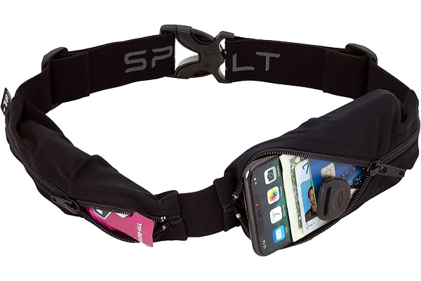SPIbelt vuxen dubbel ficka pro löparbä , kvinnor män, expanderbara fickor, justerbar midja, ingen studs, Svart med svart dr