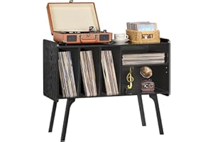 LELELINKY Record Player Stand with 4 Cabinet Holds Up to 220 Albums, Large Turntable Stand with Wood Legs, Mid-Century Record Player Table,Vinyl Holder Storage for Living Room,Bedroom,Black