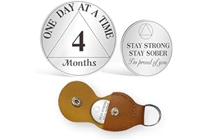 AtSKnSK Pièce de monnaie de sobriété de 4 mois de 1 à 12 mois - Puce AA - Pour homme et femme - Cadeau de récupération pour alcoolique anonyme - Avec porte-clés en cuir synthétique (4 mois)