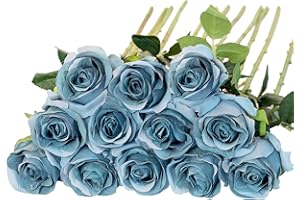 Floralsecret 12 Pcs Artificial Roses Flowers Silk Flower Bouquet Fake Single Stem with Long Stem for Home Wedding Party Garden Decoration (Blue)