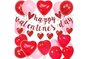 NELOTAOR Valentine's Day Decorations Set, 15Pcs Pink and Red Heart Valentine's Day Balloons with Hanging Red Heart Swirls, Happy Valentines Day Banner for Valentines Anniversary Decorations