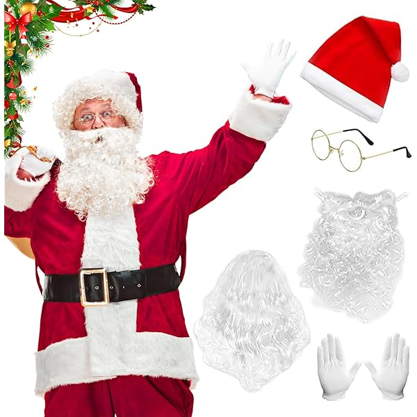 Weihnachtsmann-Kostüm-Set 5-teilig – Mit Bart, Perücke, Mütze, Brille & Handschuhen