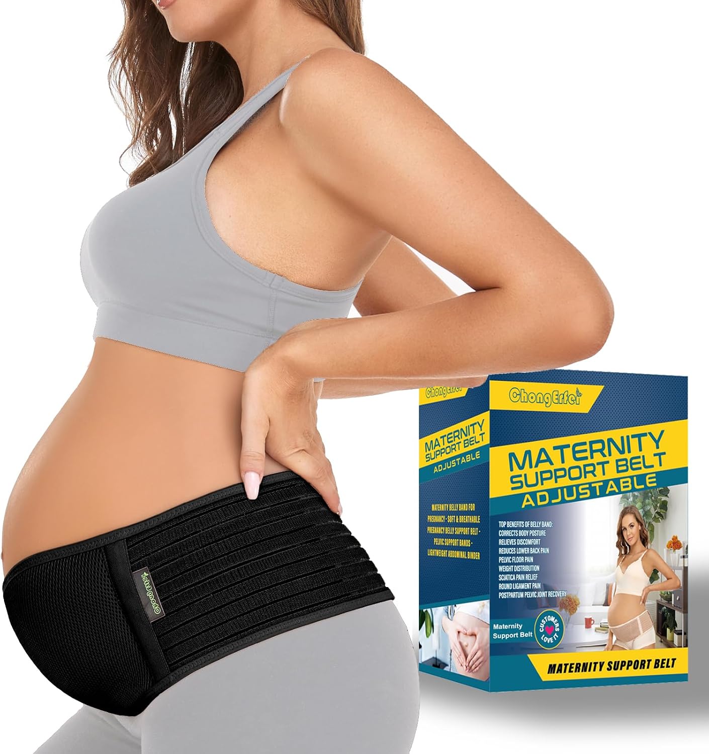 ChongErfei Pregnancy Belly Band Maternity Belt Back Support Abdominal Binder Back Brace - Relieve Back, Pelvic, Hip Pain for Pregnancy Recovery (Black, One Size)