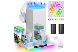 MENEEA Auto Cooling Fan and Charge Stand Accessories for Xbox Series X Console with 15 Light Modes, Wireless Dual Charger Dock for XSX Controller, 2 Rechargeable Batteries, Headset Stand & Game Disc Storage