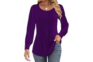Cuptacc Long Sleeve Tops Women Ladies Tops Women's Tunic Pleated Blouse Puff Sleeve with Button Loose Fit Casual Crew Neck