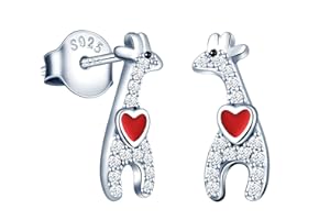 MicVivien Pendientes de jirafa de plata de ley 925 con pequeño corazón rojo, pendientes para niñas con jirafa de plata, regalo para mujer, Circonita cúbica Plata de ley, Cubic Zirconia
