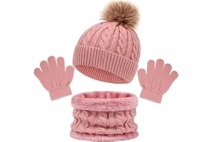 OUTFIT SPRING Conjunto de Bufanda Gorro y Guantes, Niña Niño Invierno Cálido Sombrero de Punto con Pompon, Térmico Grueso Beanie con Forro Polar Cuello Calentador Tejido Set Regalo para Unisex Bebé 2-8 Años