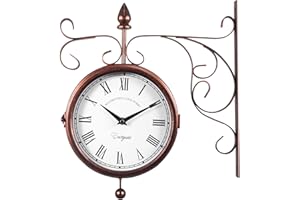 SAMGER SAMGER Samger Orologio da Parete Bifacciale Anticata Vintage Stile Europeo Antico Giardino Treno Stazione Orologio con Supporto Bronzo per Uso Interno ed Esterno