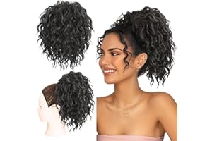 Allyreetress Messy Bun Hair Piece, Yaki Textured Sweet Loose Wavy Curly Hair Bun Hair Toppers Synthetic Hairpieces Pony Tails Short Drawstring Ponytail Extensions for Women(Black)
