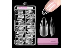 VENARES Unghie Finte Corte in Gel, Venaes 120 Pezzi Mandorla Tip Unghie Ricostruzione 12 Taglie Full Cover Tip Unghie Trasparenti, Set Unghie Finte con Colla Buffer per Unghie