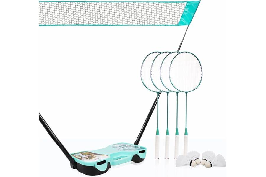 ENOVI EasyGo Badminton Set, with Net, 4 Racket, 4 Birdies, Portable Storage Box, for Backyards, Outdoor Games