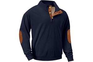 QIXING Mens Corduroy Fleece Lined Sweatshirt Quarter Button Stand Collar Jumper Warm Winter UK with Elbow Patch