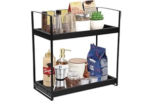Gzsekken 2 Tier Coffee Station Organizer, Wooden Bar Accessories Caddy, Standing Kitchen Storage Shelf for Home, Office - Black