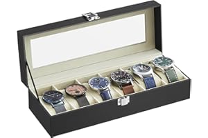 SONGMICS 6-gniazdowe pudełko na zegarki, pudełko na zegarki, pudełko, szklana pokrywa, wyjmowane wkładki, metalowy zamek