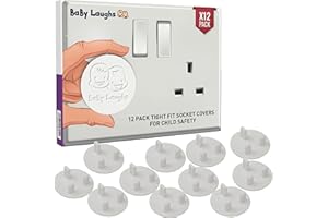 BaBy Laughs Plug Socket Covers UK for Baby Proofing - 12 Pack Tight Fit Waterproof Wall Socket Protector Set for Indoor Outdoor Use, White Electric Socket Cover for Child Safety