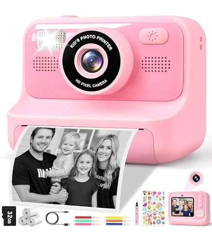 YOHOOLYO Appareil Photo Instantané Enfant 2,4 Mode Video et Selfie 1080P avec Carte 32 Go, Papier d'impression, Jouets Numériques, 6 Stylos Colorés