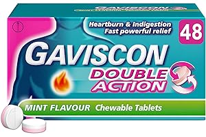 Gaviscon Double Action Tablets, Mint Flavour, 48 Tablets, Indigestion and Heartburn Relief, Indigestion Tablets, Acid Reflux, Antacid, Gets to Work Instantly, Lasts 2X Longer, Antacids