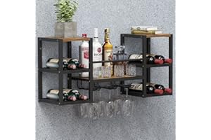 VEDECASA Przemysłowy regał na wino z 3 uchwytami na szkło parowe, regał drewniany, czarny, metalowy uchwyt na butelki, wielofunkcyjny stojak na wino do domu, baru, jadalni, pokoju kuchennego