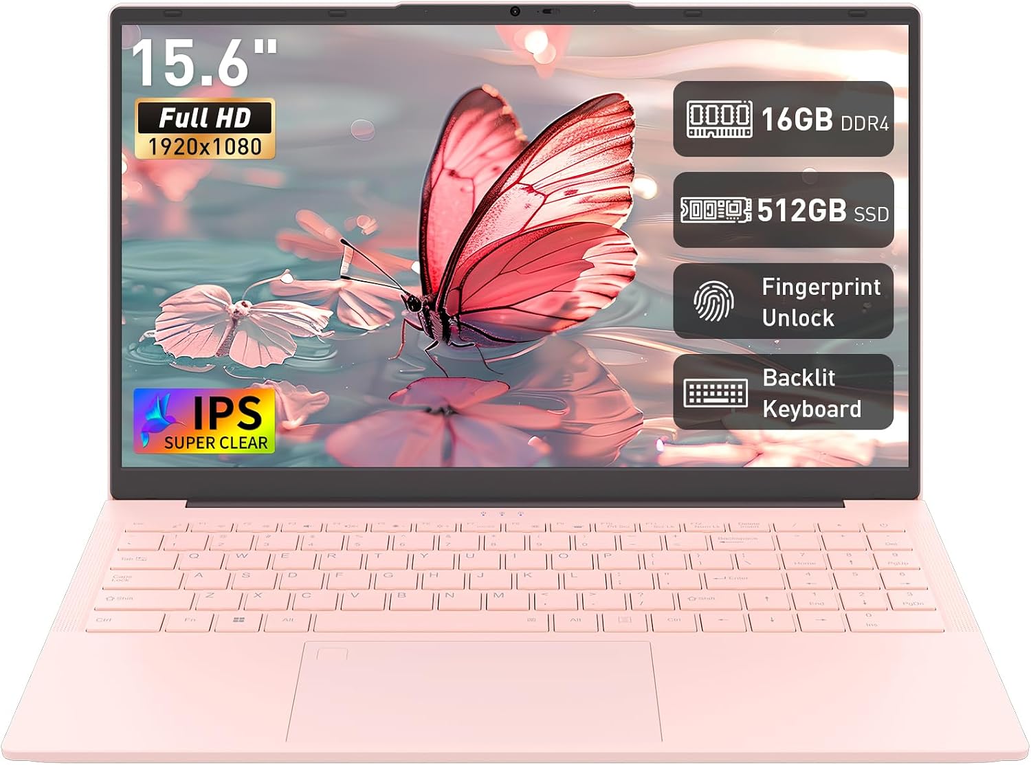 Auusda 15.6" FHD Laptop for Students & Work, 16GB Dual RAM, 512GB SSD, Backlit Keyboard, Fingerprint Sensor, Pro System, Dual core Processor, Full-featured USB C, USB 3.0/2.0, HDMI, Pink
