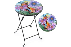 CHRISTOW Bistro Table Glass Top Round Folding Garden Patio Decoration Plant Stand (Painted Butterfly)