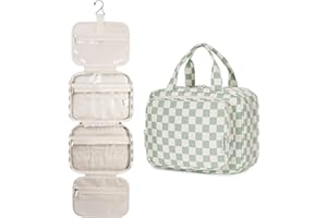Narwey Checkered Hanging Travel Toiletry Bag for Women Wash Bag Cosmetics Makeup Bag Organizer for Travel Size Accessories(Checkerboard Mint Green (Medium))