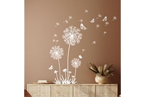 Tanlaby Denti di Leone Adesivi Murali Fiori Adesivi da Parete Tarassaco Farfalla Stickers Muro Removibili Per Camera da Letto Soggiorno Divano TV Decorazione Parete (Bianco)