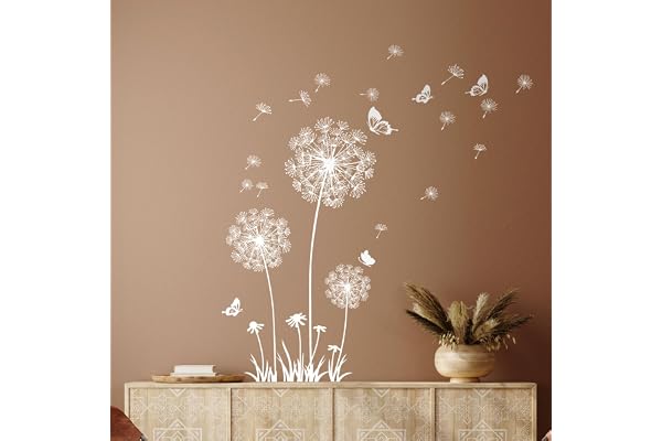 Tanlaby Stickers Muraux Pissenlit Autocollants Muraux Fleurs Blanc Amovible Papillons Stickers Mural pour Salons Chambres Bureaux Canapé Fond Décoration Murale De La Maison