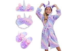 Piefry Weicher Einhorn-Bademantel mit Kapuze für Mädchen mit Einhorn-Pantoffeln, Augenbinde und Stirnband - Geschenke für Mädchen