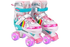 XINRUI Roller Skates for Girls, Adjustable Quad Skates with Light up Big Wheels and Shining Upper Design Rainbow Roller Skates for Beginner Kids Indoor and Outdoor