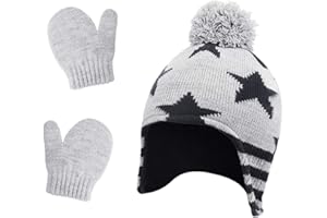 QKURT Kid’s Beanie Cap Mittens Set, Toddler Warm Mitten Caps Set with Earflaps Kids Hats Kids Gloves Fit for Age of 1~2 Years Old Boys Girls Baby