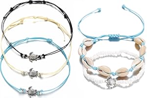 Liitata 5 Pcs Beach Turtle Shells Anklet Set Adjustable Boho Turtle Ankle Handmade Layered Rope Anklet for Women Girls