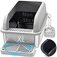 Suzzipaws Non-Sticky Coated Stainless Steel Cat Litter Box with Lid Extra Large Litter Box for Big Cats XL Metal Litter Pan Tray with High Wall Sides Enclosure, Anti-Leakage, Easy Cleaning
