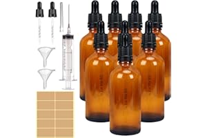 HO2NLE Lot de 8 flacons compte-gouttes en verre marron de 100 ml pour huile essentielle, parfum, liquide avec petites bouteilles en verre, entonnoir, seringue et étiquette